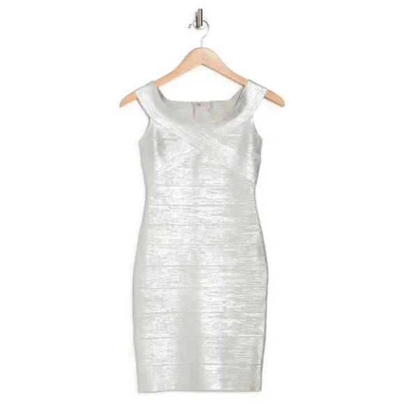💕HERVE LEGER💕 Criss Cross Foil Bandage Dress ~ Silver Foil Large L NWT - Picture 10 of 16